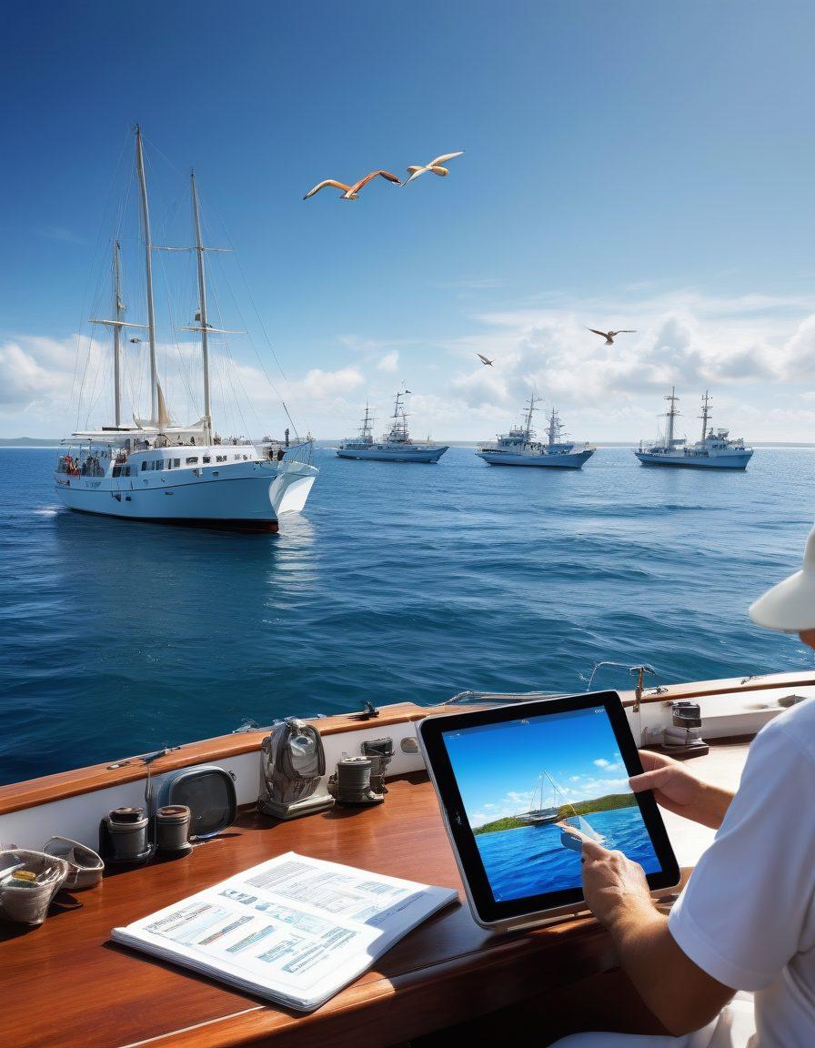 A majestic scene of various marine crafts including sailboats, yachts, and fishing boats gliding across a serene ocean under a bright blue sky. In the foreground, a confident captain checks their comprehensive marine coverage policy on a tablet, emphasizing safety and security. The background features lively seagulls and distant islands, suggesting adventure and exploration. The colors should be vibrant, capturing the essence of maritime life. super-realistic. vibrant colors. white background.